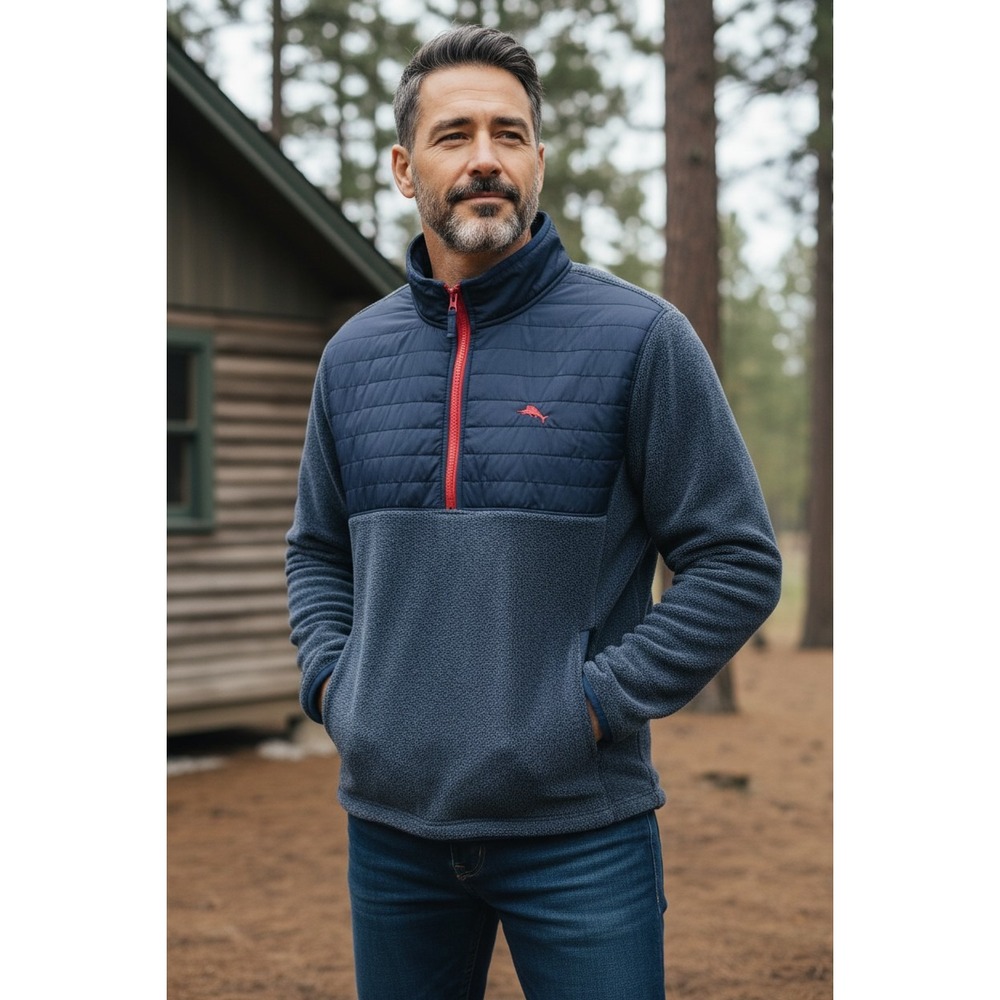 Tommy Bahama Mens Quarter Zip Pullover Sweater Fleece Quilted Blue Size Large